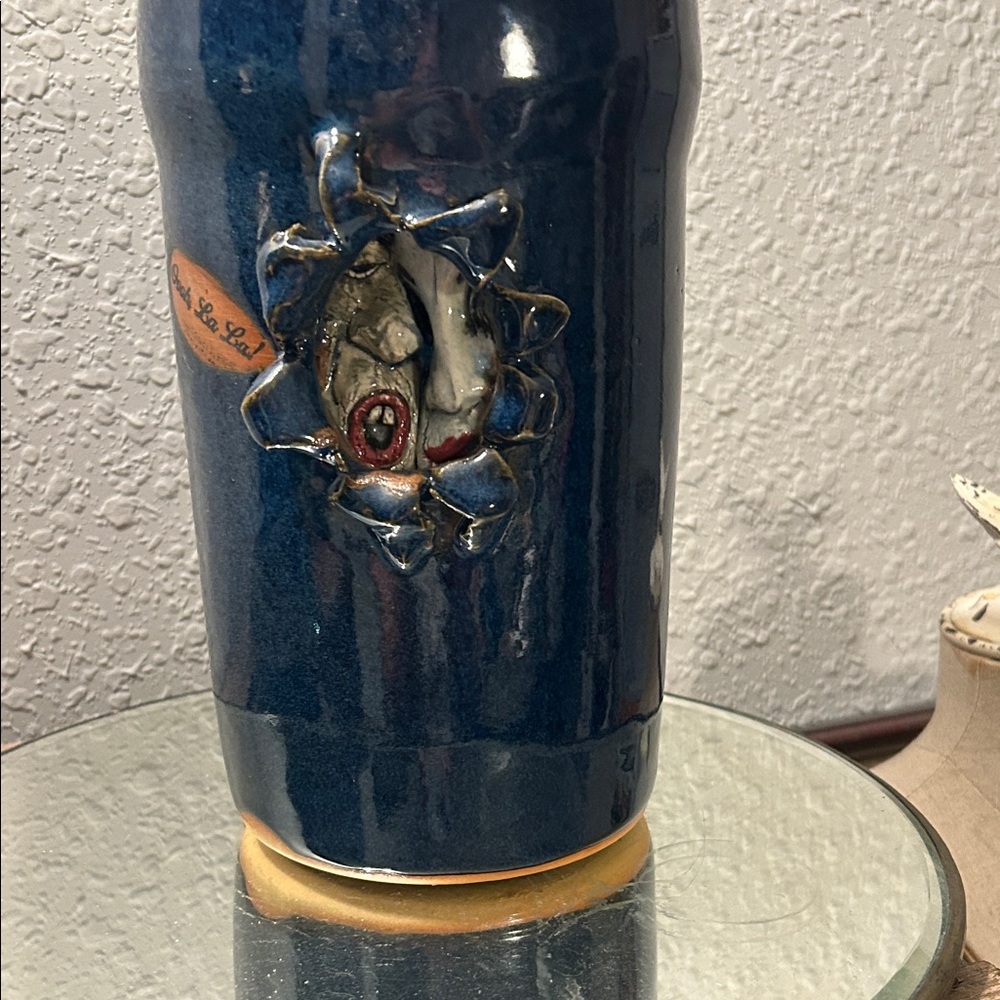 Handcrafted Kitchy Blue Ceramic Face Vase